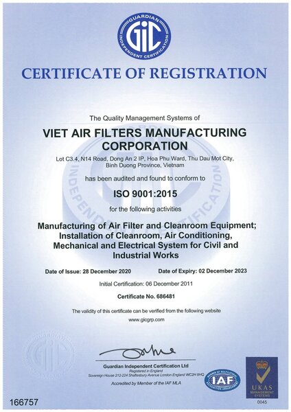 ISO 9001:2015 - Viet Air Filter - Công Ty Cổ Phần Sản Xuất Lọc Khí Việt